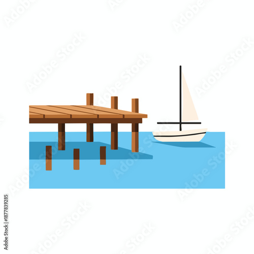 Sailboat docked at a wooden pier on a serene lake