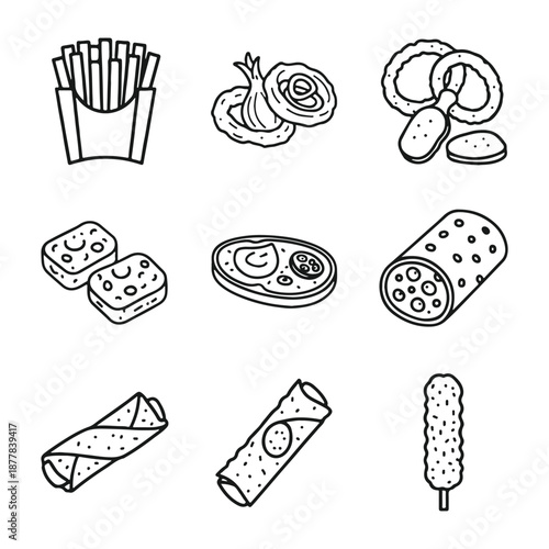 Variety of Tasty Fast Foods: An illustrated collection of delightful fast foods arranged in a satisfying array, evoking the simplicity of culinary art.