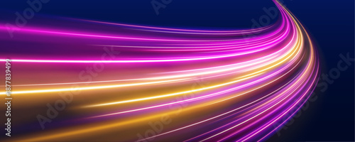 Neon purple laser streaks twist across a dark city road at night. Motion lines, glowing wave trails, and energy swirls illustrate futuristic speed and flowing traffic. Vector illustration.