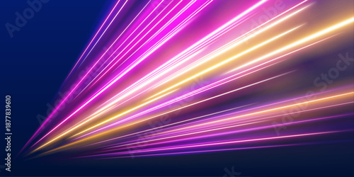 Futuristic color neon laser lines ripple along a dark city street at night. Glowing motion trails, energy waves, and swirling lines create speed and traffic dynamics. Vector illustration.