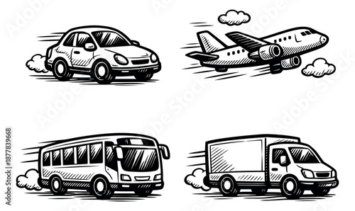 Hand drawn line art transportation set featuring a car, an airplane, a bus, and a delivery van for travel and logistics