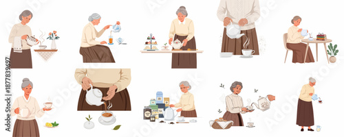 Elderly woman enjoying tea rituals: pouring hot beverage, afternoon tea, preparation, and relaxed moments with teapots and cups.