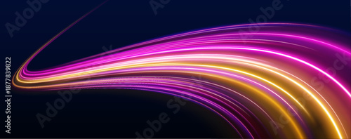 Futuristic color neon laser lines ripple along a dark city street at night. Glowing motion trails, energy waves, and swirling lines create speed and traffic dynamics. Vector illustration.