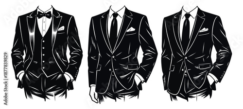 Hand drawn line art men's suits set featuring a tuxedo and business attire for formal events