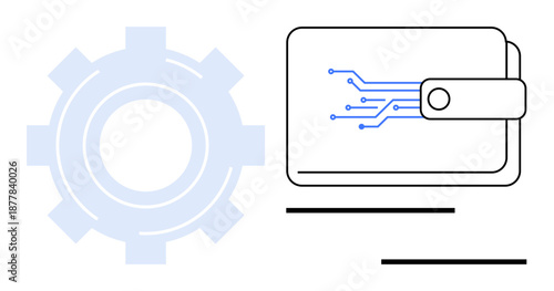Gear and digital wallet with circuit lines combining technology and finance. Ideal for fintech, digital payment, cryptocurrency, innovation, automation, progress, modern economy. Simple flat metaphor