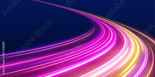 Neon purple laser lines curve along a city road at night. Motion trails, glowing wave energy, and swirling lines illustrate dynamic traffic and futuristic speed in the dark. Vector illustration.