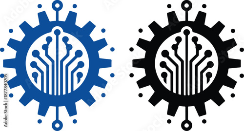Artificial Intelligence and Circuit Icon set. AI Brain, Microchip, Digital Technology Symbols. Cognitive augmentation brain icon with human and circuit hemispheres.