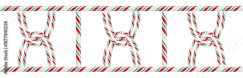 Elegant festive candy cane border with intricate red, white, and green striped knots on white