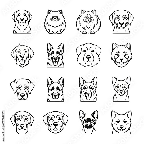 Collection of Dog Breeds Illustrated Faces.
