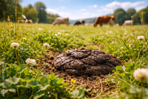 Cow dung in a lush green field with blooming flowers