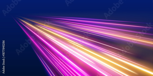 Neon purple laser lines curve along a city road at night. Motion trails, glowing wave energy, and swirling lines illustrate dynamic traffic and futuristic speed in the dark. Vector illustration.