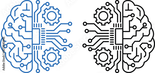 Artificial Intelligence and Circuit Icon set. AI Brain, Microchip, Digital Technology Symbols. Cognitive augmentation brain icon with human and circuit hemispheres.