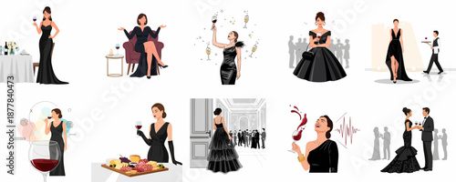 Elegant Women in Black Evening Gowns Enjoying Wine at Luxury Formal Events and High-Society Parties.