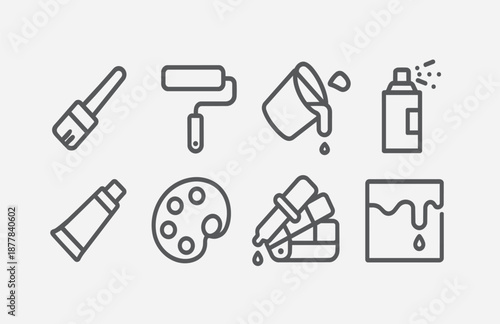 Linear icon set about painting and art supplies: brush, paint roller, paint can, spray, palette, tubes, and dripping paint. Minimalist stroke style, perfect for art,  and creative design projects.