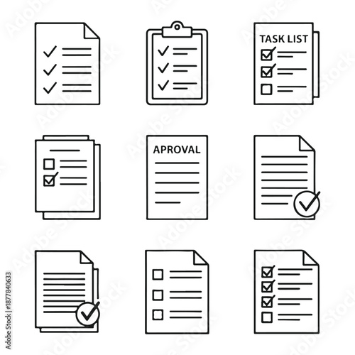 Document Icons: Illustrative display of assorted document icons, meticulously crafted to represent various stages of task completion, and approval. 