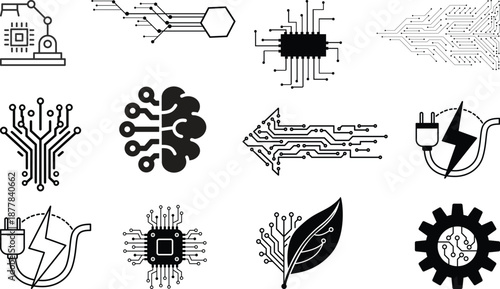 Artificial Intelligence and Circuit Icon set. AI Brain, Microchip, Digital Technology Symbols. Cognitive augmentation brain icon with human and circuit hemispheres.