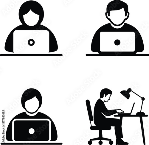 Two people working on laptops at desks with one person sitting in a chair