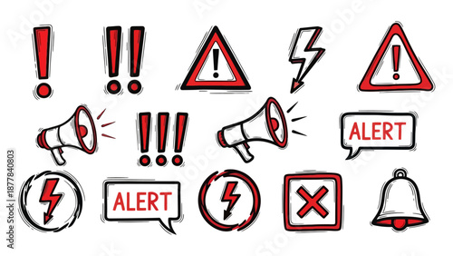 Collection of various red and white alert symbols, signs, and icons for warnings.