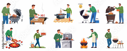 Set of Flat Illustrations Showing Men Grilling and Barbecuing Meat and Vegetables on Various Types of BBQ Grills.
