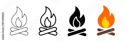 Set of minimalist campfire icons with transparent background, depicting flames and logs for camping applications, outdoor activity symbols, and warning signs, vector illustration