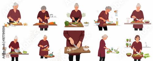 Collection of senior women cooking, chopping fresh vegetables, fruits, and mushrooms on cutting boards, preparing healthy meals.