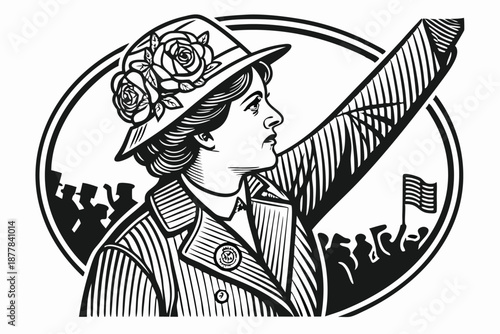  Vintage portrait, suffragette, early 20th century, floral hat, pinstriped jacket, brooch, raised fist, determined expression, profile view, black and white illustration, engraving style, crowd in b