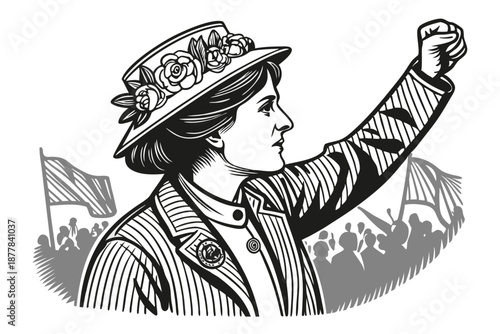  Vintage portrait, suffragette, early 20th century, floral hat, pinstriped jacket, brooch, raised fist, determined expression, profile view, black and white illustration, engraving style, crowd in b