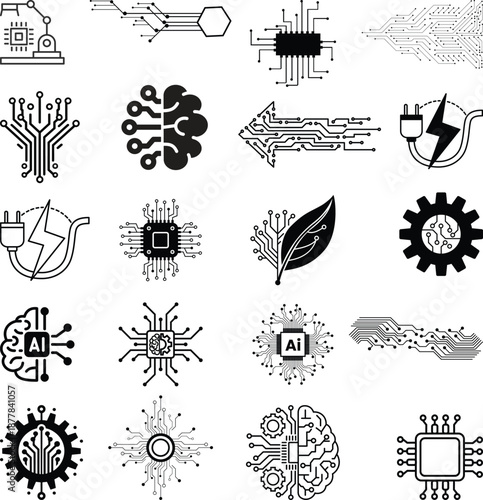 Artificial Intelligence and Circuit Icon set. AI Brain, Microchip, Digital Technology Symbols. Cognitive augmentation brain icon with human and circuit hemispheres.