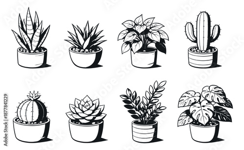 Hand drawn line art houseplant set featuring various potted succulents and cacti for interior design