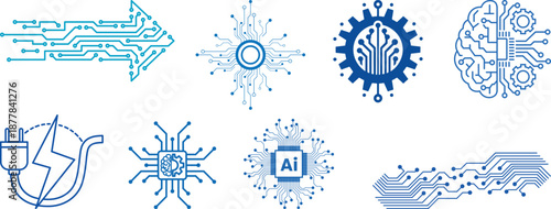 Artificial Intelligence and Circuit Icon set. AI Brain, Microchip, Digital Technology Symbols. Cognitive augmentation brain icon with human and circuit hemispheres.