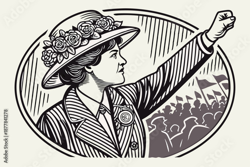  Vintage portrait, suffragette, early 20th century, floral hat, pinstriped jacket, brooch, raised fist, determined expression, profile view, black and white illustration, engraving style, crowd in b