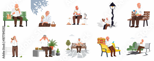 Set of illustrations featuring an elderly man enjoying a sandwich and picnic lunch while relaxing on park benches in different outdoor scenes.