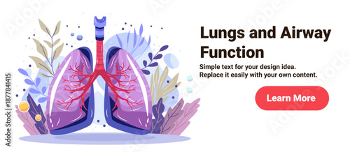 Lungs airway function human respiratory system anatomy diagram colorful organ with bronchial branches surrounded by abstract leaves medical banner