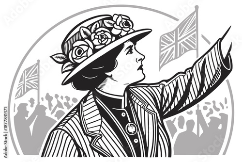  Vintage portrait, suffragette, early 20th century, floral hat, pinstriped jacket, brooch, raised fist, determined expression, profile view, black and white illustration, engraving style, crowd in b