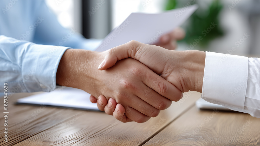 Obraz premium Businesspeople shaking hands at a meeting. Partnership concept in the financial sector. Two men shaking hands. Agreement between companies. Corporate cooperation.