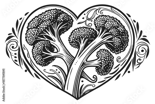  Detailed heart-shaped illustration, broccoli florets, black and white line art, intricate cross-hatching texture, botanical drawing style, vegetable composition, symmetrical design, nature-inspired