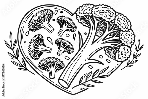  Detailed heart-shaped illustration, broccoli florets, black and white line art, intricate cross-hatching texture, botanical drawing style, vegetable composition, symmetrical design, nature-inspired