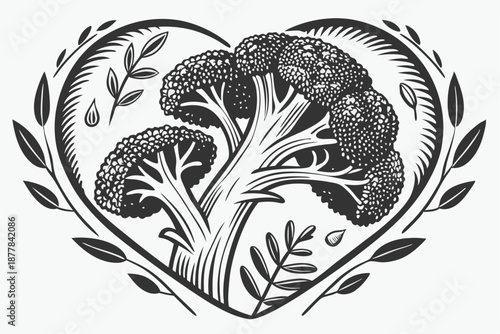  Detailed heart-shaped illustration, broccoli florets, black and white line art, intricate cross-hatching texture, botanical drawing style, vegetable composition, symmetrical design, nature-inspired