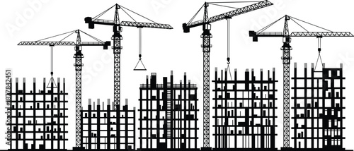 Silhouette construction site with tower cranes, high-rise buildings, scaffolding, urban development, engineering, architecture, city growth, industrial progress, skyline
