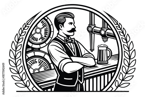  Vintage illustration, Victorian bartender, handlebar mustache, beer tap, frothy beer mug, engraving style, black and white, detailed linework, retro pub atmosphere, vest and bow tie, confident pose