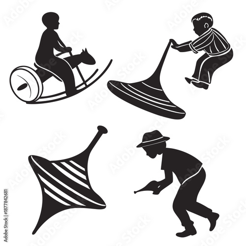 Silhouettes of children playing with toys