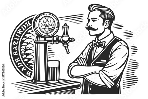  Vintage illustration, Victorian bartender, handlebar mustache, beer tap, frothy beer mug, engraving style, black and white, detailed linework, retro pub atmosphere, vest and bow tie, confident pose