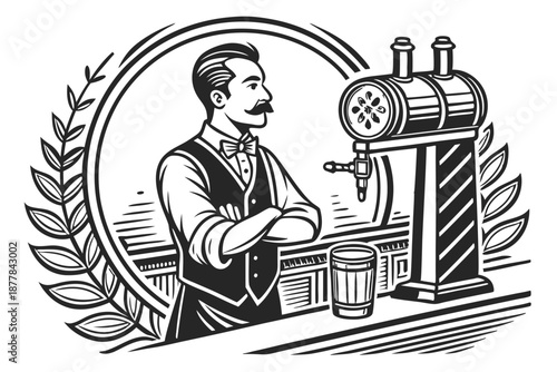  Vintage illustration, Victorian bartender, handlebar mustache, beer tap, frothy beer mug, engraving style, black and white, detailed linework, retro pub atmosphere, vest and bow tie, confident pose