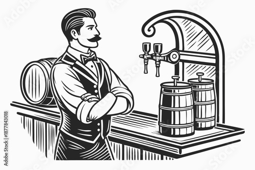  Vintage illustration, Victorian bartender, handlebar mustache, beer tap, frothy beer mug, engraving style, black and white, detailed linework, retro pub atmosphere, vest and bow tie, confident pose