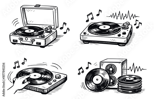 Hand drawn line art music set featuring record players, vinyl records, and a speaker for audio entertainment