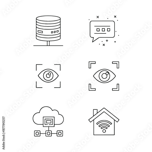 Digital Security Icons: This image is a collection of essential security icons, depicting secure data storage, cloud services, and biometric identification methods, all designed in a clean.