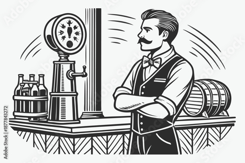  Vintage illustration, Victorian bartender, handlebar mustache, beer tap, frothy beer mug, engraving style, black and white, detailed linework, retro pub atmosphere, vest and bow tie, confident pose