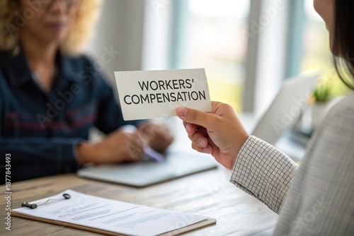 Discussion on workers' compensation between two individuals in an office setting with documents