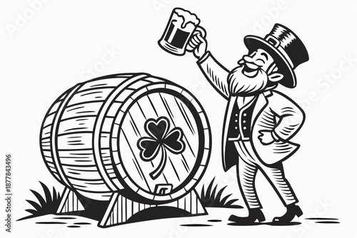  Vintage engraving style, jovial leprechaun, St. Patrick's Day, whiskey glass, wooden barrel, shamrock, top hat, detailed beard, cheerful expression, black and white illustration, woodcut texture, I