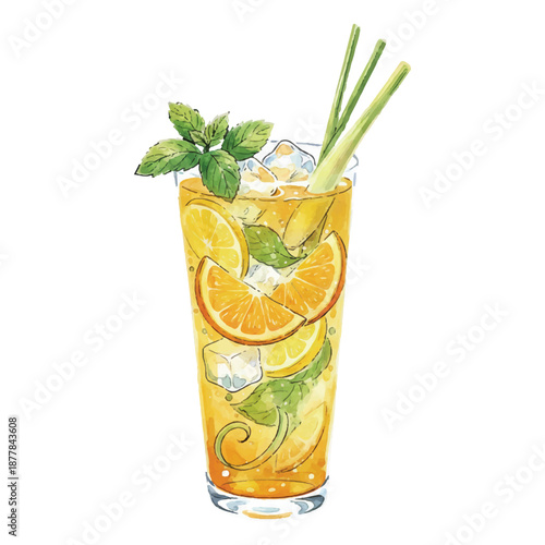Saigon Lemongrass Gin Watercolor Illustration, Vietnamese Inspired Citrus Herbal Cocktail, Hand Painted Vector Isolated on White
